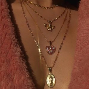 Angel Heart Pink Crystal Virgin Mary Necklace