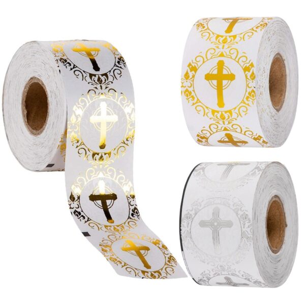Christian Cross Stickers Gold or Silver Foil Round Labels