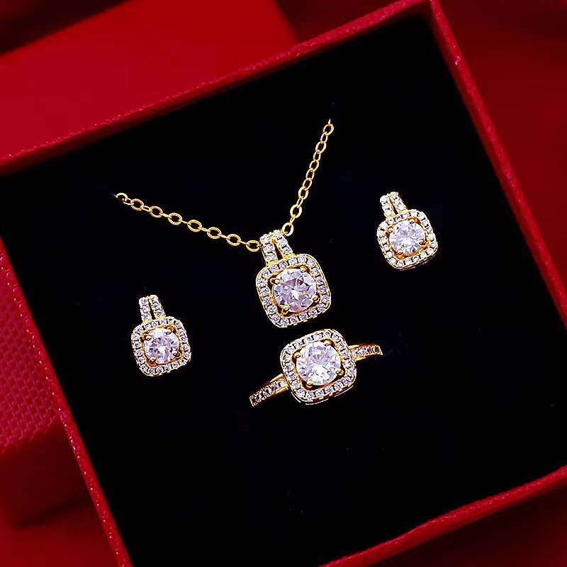 Set Zircon Gem Pendant Chain Choker Necklace Gold