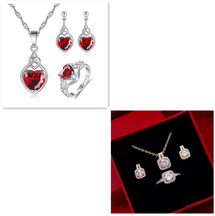 Set Zircon Gem Pendant Chain Choker Necklace Gold - Image 7