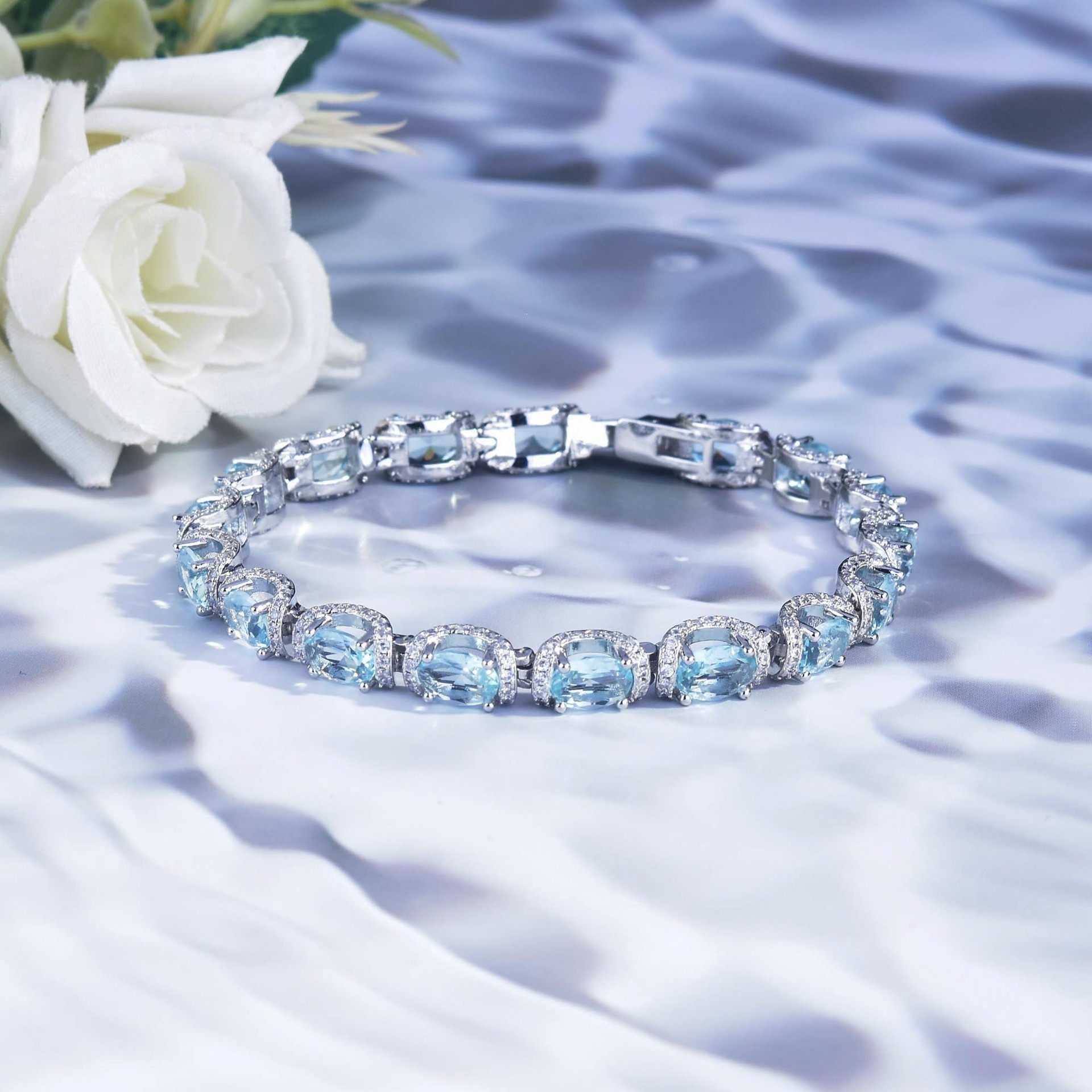 Oval Aquamarine Halo Tennis Bracelet, Luxury Blue Gem Bracelet For Women - Image 5