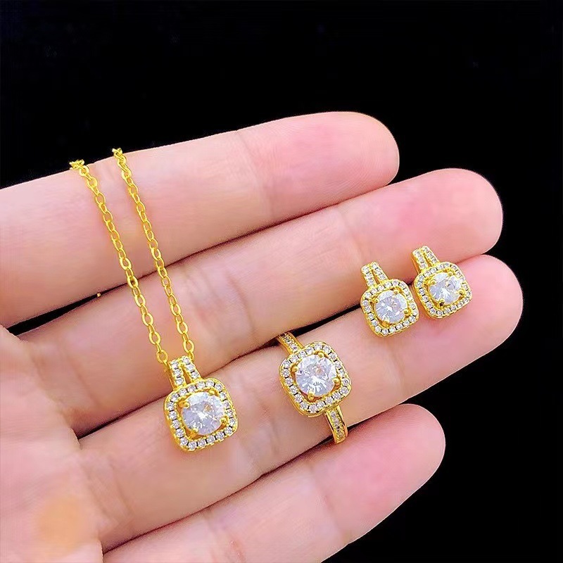 Set Zircon Gem Pendant Chain Choker Necklace Gold - Image 2