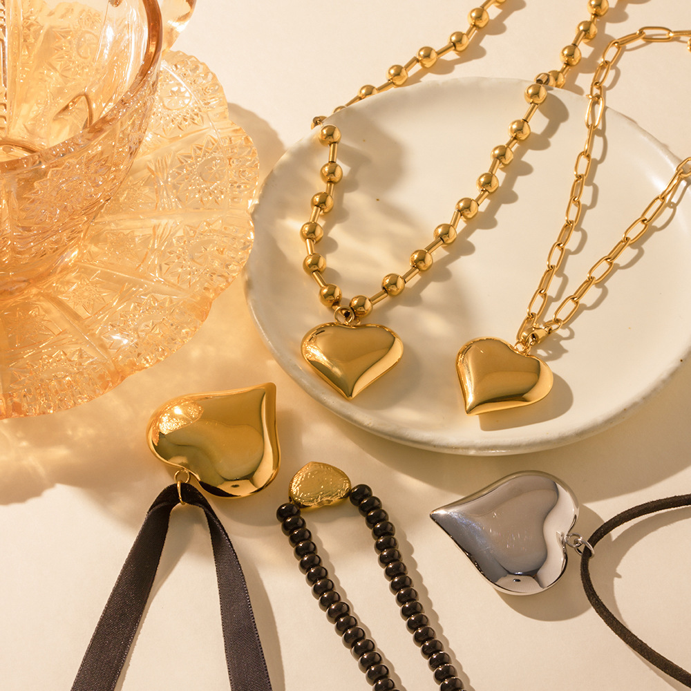 Gold Plated Stainless Steel Smooth Love Heart Necklace Series Hypo-Allergenic Tarnish Water Resistant Chunky Women Jewelry - Image 4