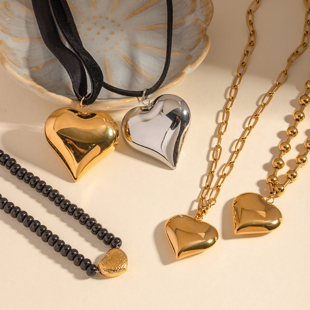 Gold Plated Stainless Steel Smooth Love Heart Necklace Series Hypo-Allergenic Tarnish Water Resistant Chunky Women Jewelry - Image 2