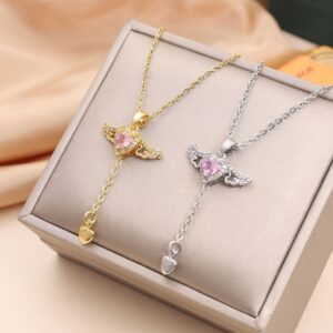 Moving Cupid Heart Angel Wings Tassel Necklace With