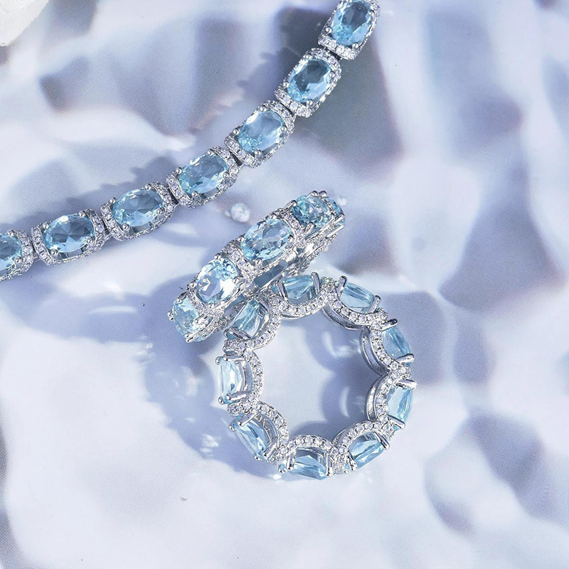 Oval Aquamarine Halo Tennis Bracelet, Luxury Blue Gem Bracelet For Women - Image 3