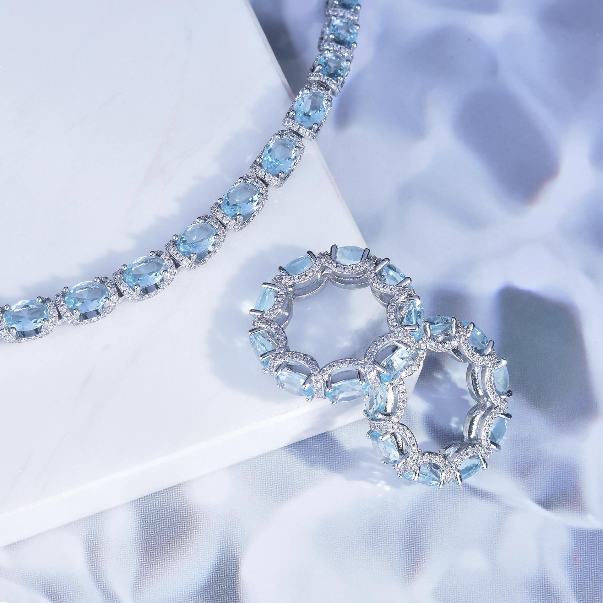 Oval Aquamarine Halo Tennis Bracelet, Luxury Blue Gem Bracelet For Women - Image 2