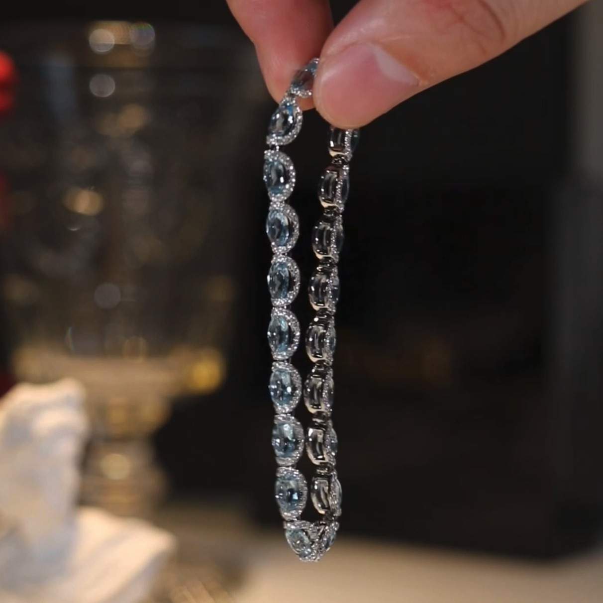 Oval Aquamarine Halo Tennis Bracelet, Luxury Blue Gem Bracelet For Women - Image 4